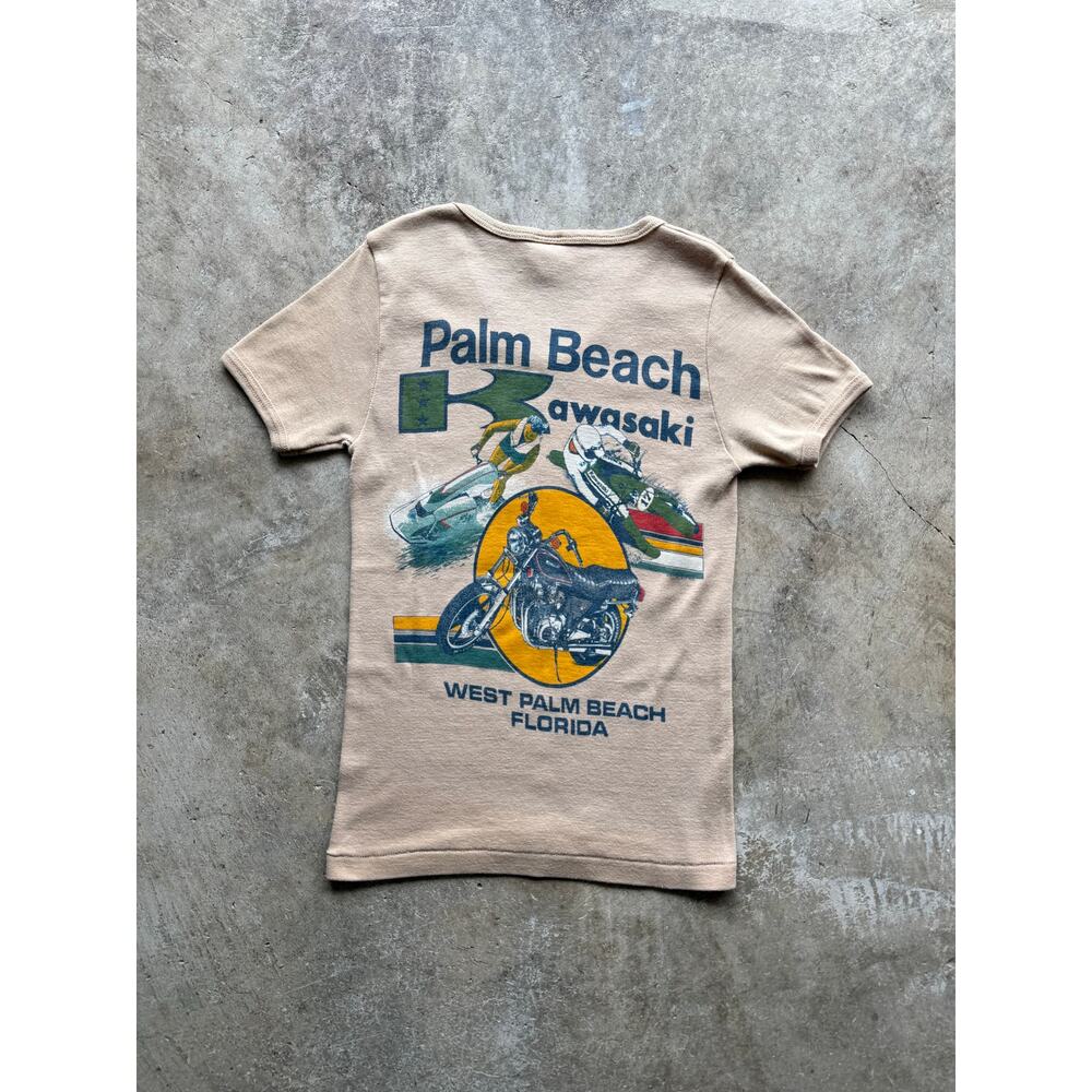 VTG 1970s Palm Beach Kawasaki Womens V-Neck Motorbike Tshirt Size Small